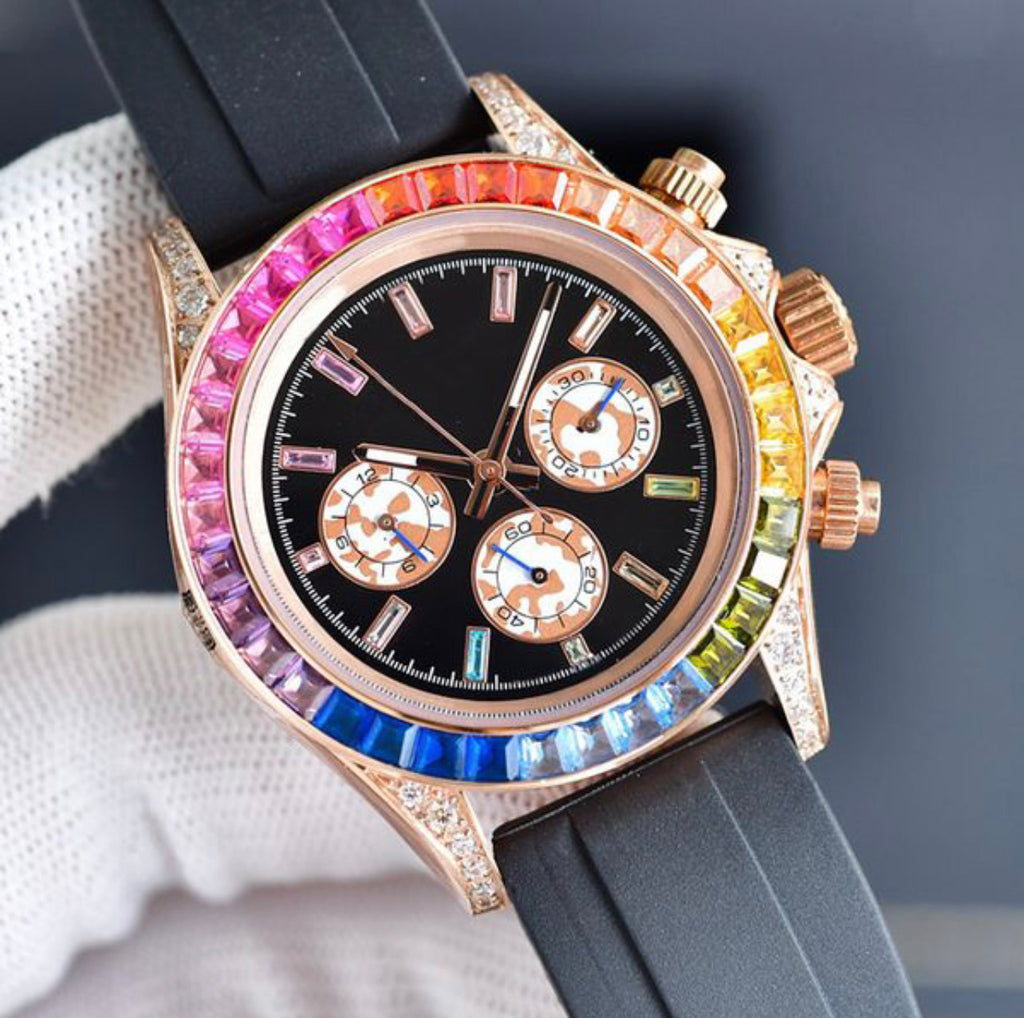 Rainbow Bezel Rubber Strap Watch